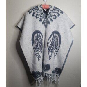 Mexican Poncho Horse Lovers Blanket Sarape  One size Gray Black White